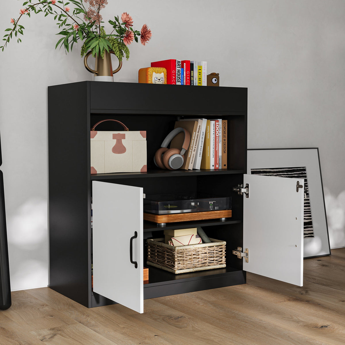 31.5" Modern Black/White Filing File Storage Cabinet With Swing Doors