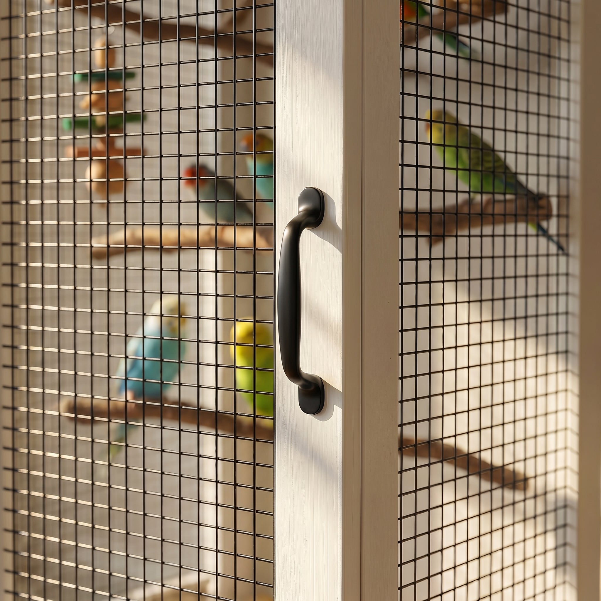 Birdcage with birds on perches and a handle