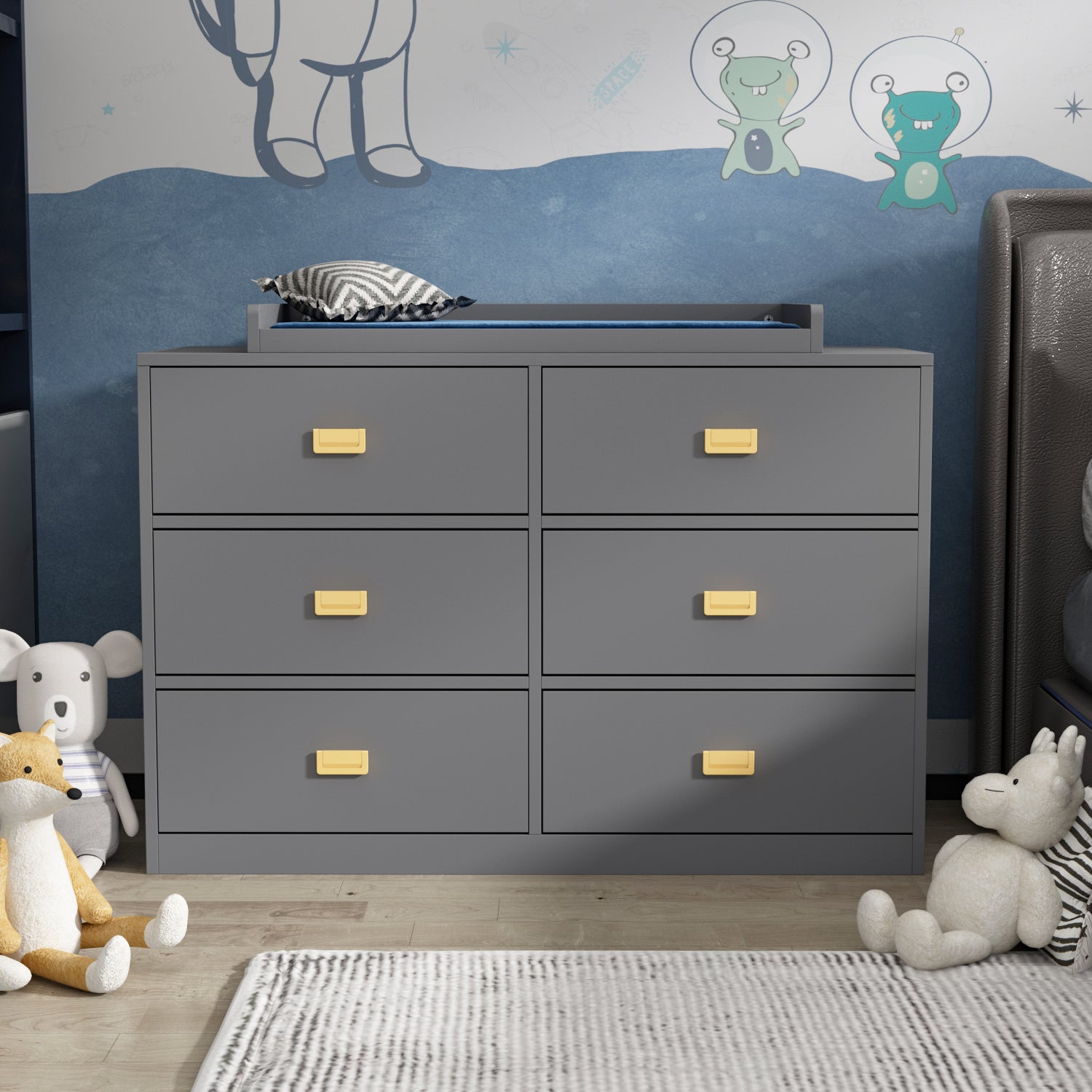 Changing Table Nursery Dresser Nontoxic Sideboard in White Finish with 6 Drawers