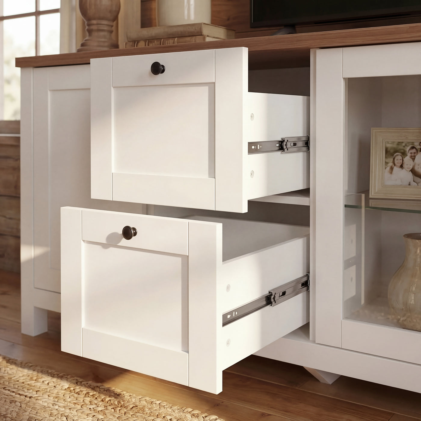 90.6" Modern Farmhouse White and Brown TV Stand with Glass Doors and 10 Storage Compartments