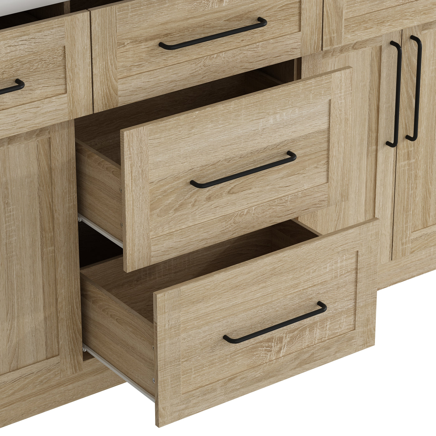 70.8" Oak Grain Engineered Wood Tall Food Pantry Cabinet with Upper Solid Doors, Middle Glass Display Doors & Multi-Drawer Storage Base