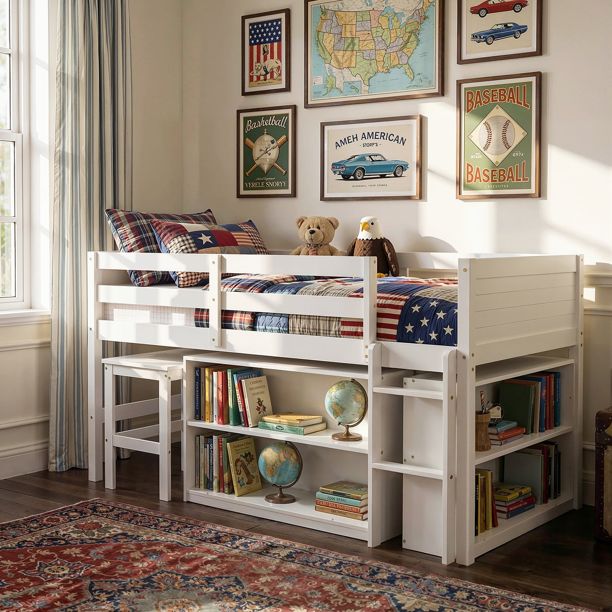 White kids loft bed with built-in desk, shelves, ladder, and storage space