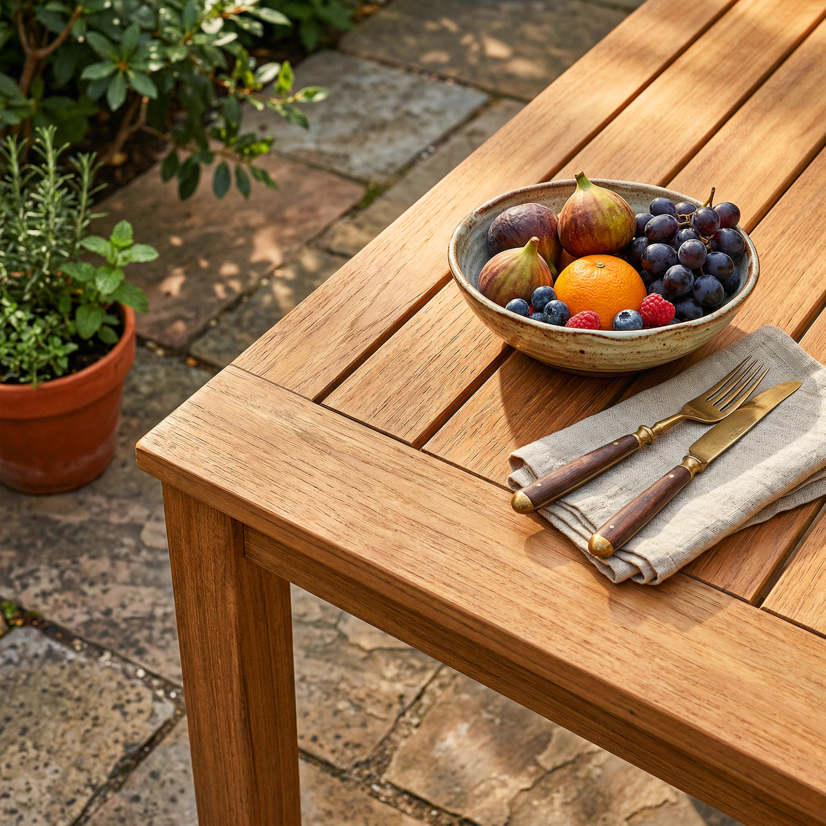 Wood outdoor dining set with rectangular table and matching armchairs