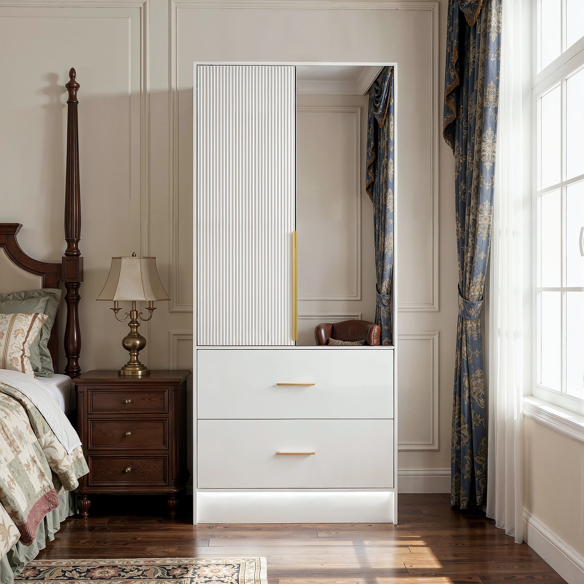 White Mirror Armoire with 2 Drawers and LED Base