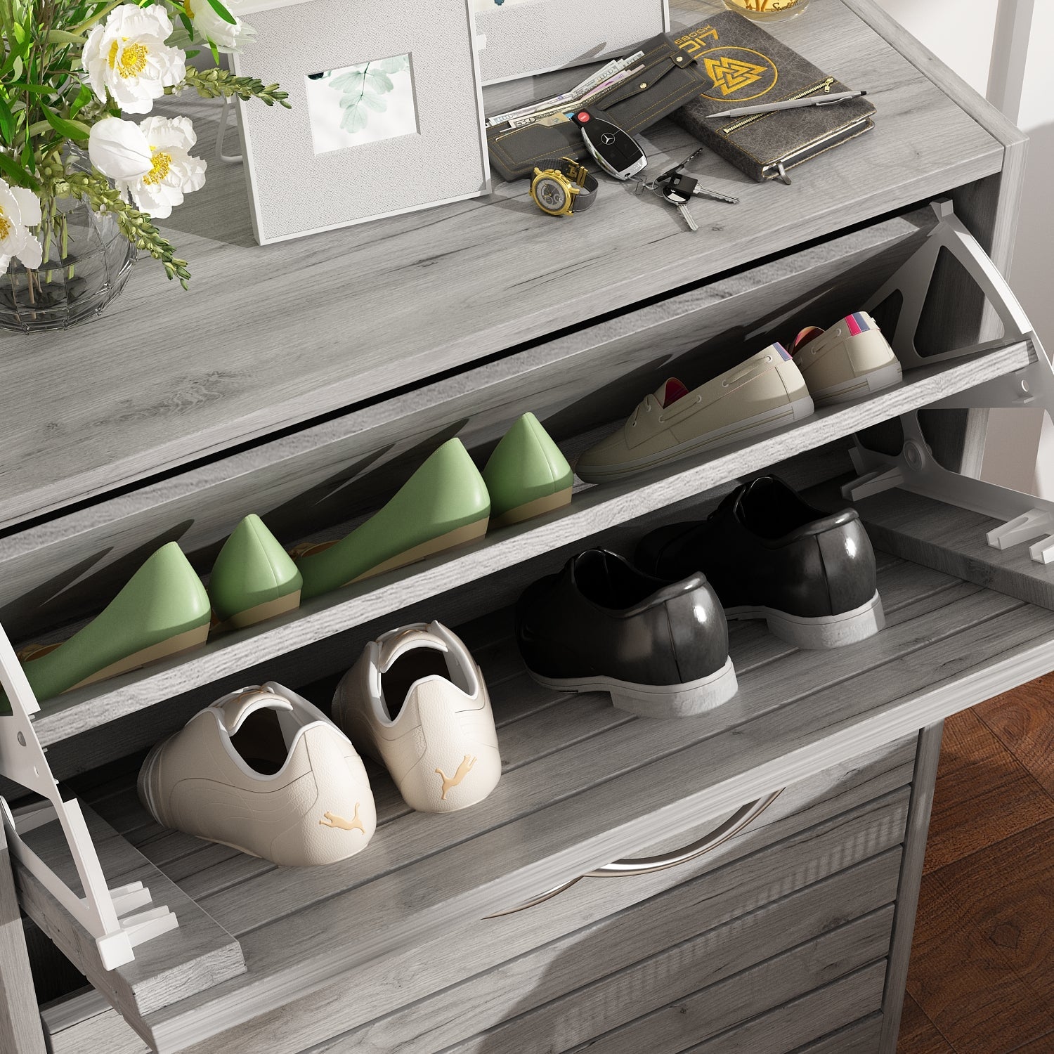 Shoe Cabinet with 2 Flip Drawers 2-Tire Shoe Storage Cabinet for Entryway