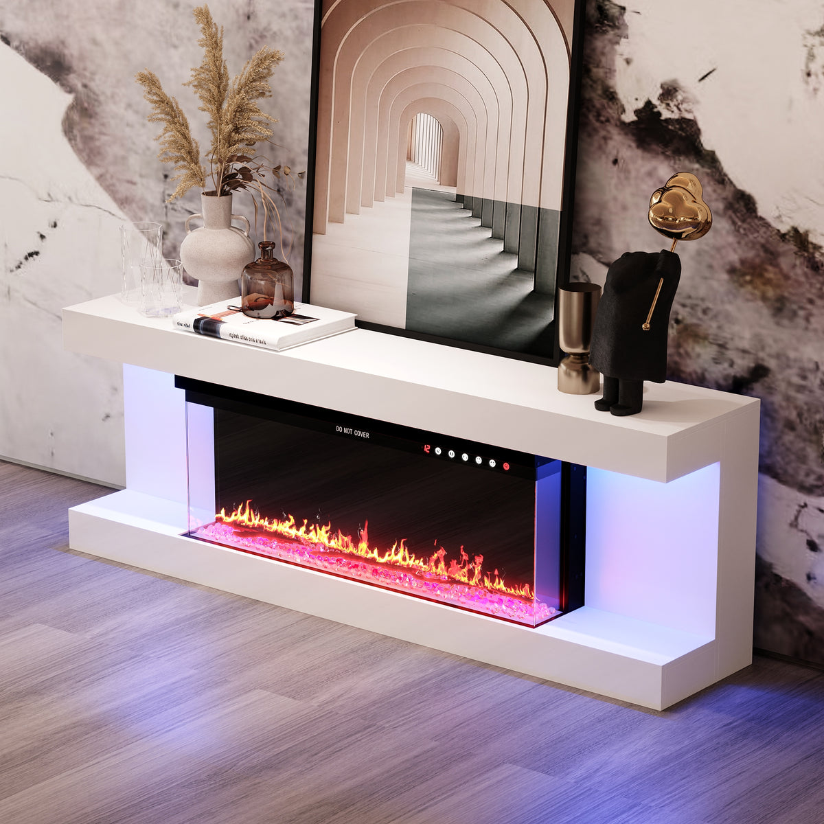 White TV stand with electric fireplace and LED lighting