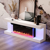 White TV stand with electric fireplace and LED lighting