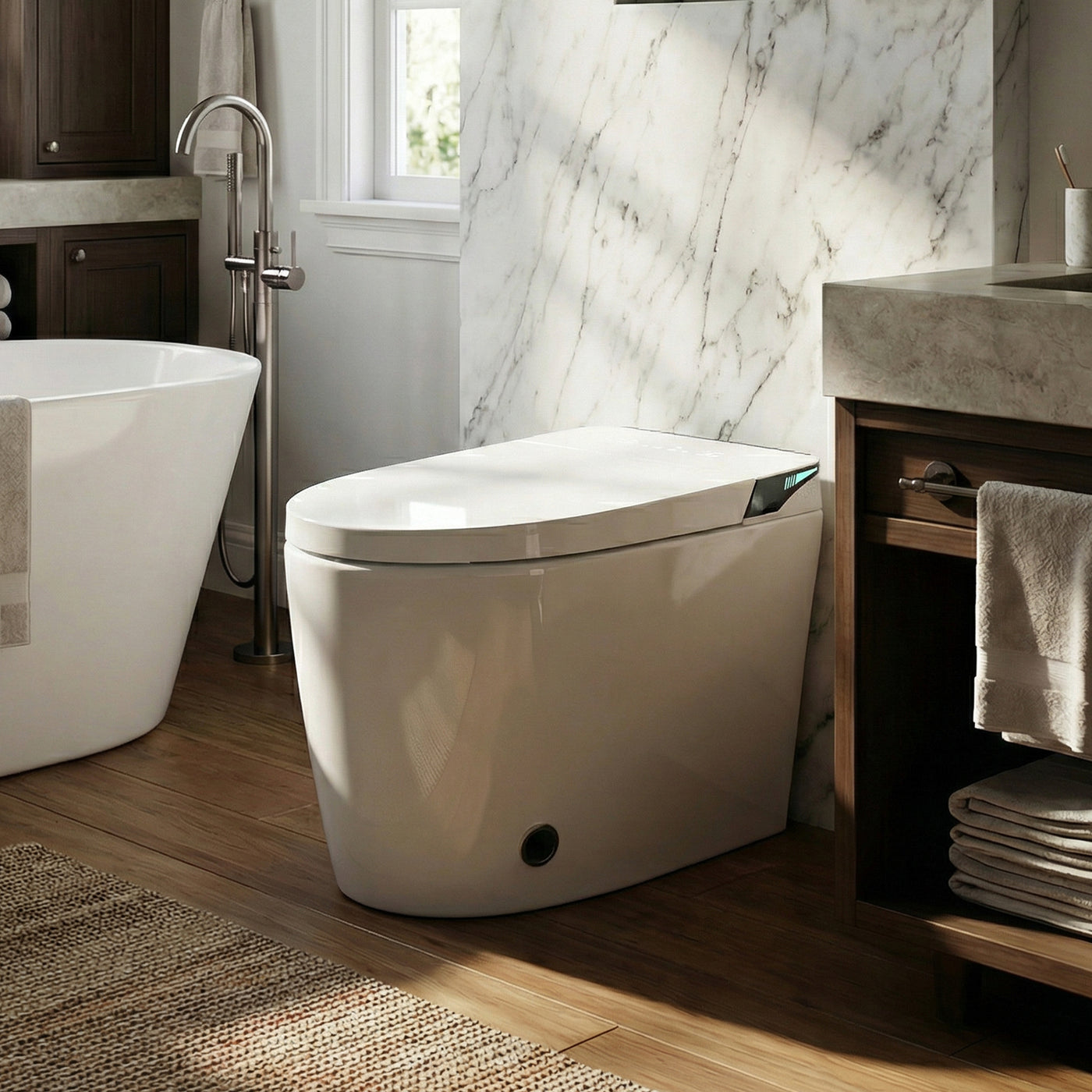 White smart toilet with digital display, and side control knob