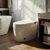 White smart toilet with digital display, and side control knob