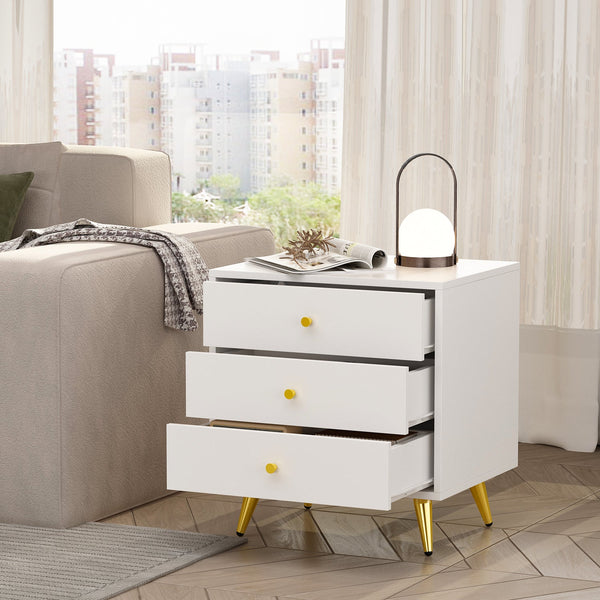 19.7" Modern Minimalist White 3-Drawer Storage Nightstand with Metal Legs for Bedroom