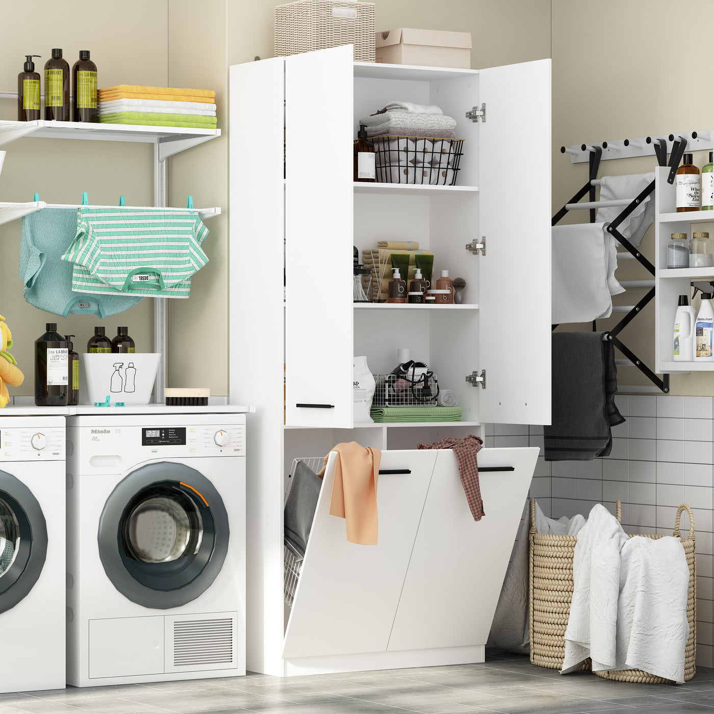 Laundry room with washing machine, dryer, and storage cabinets.