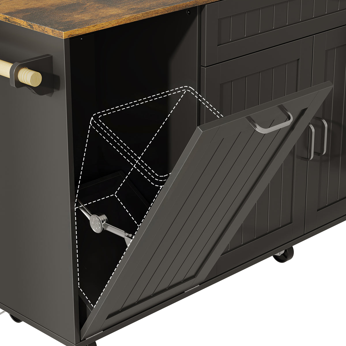 Black kitchen island with wood top, drawers, cabinet doors, towel bar, and wheels