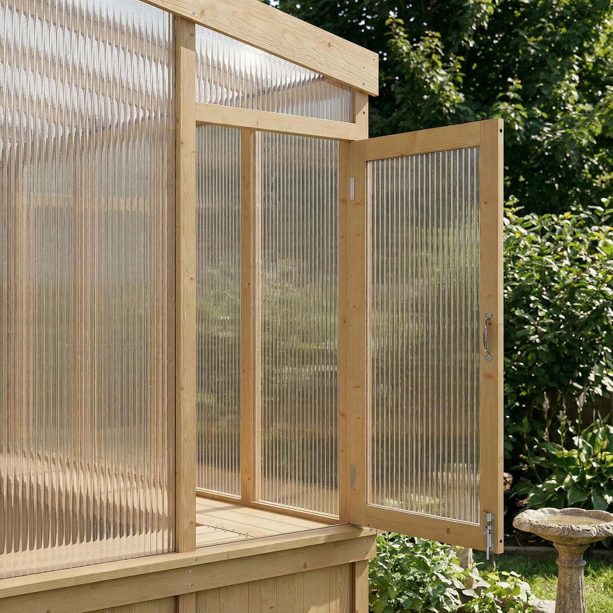 Wooden greenhouse with a transparent polycarbonate roof and walls, set against a natural background.