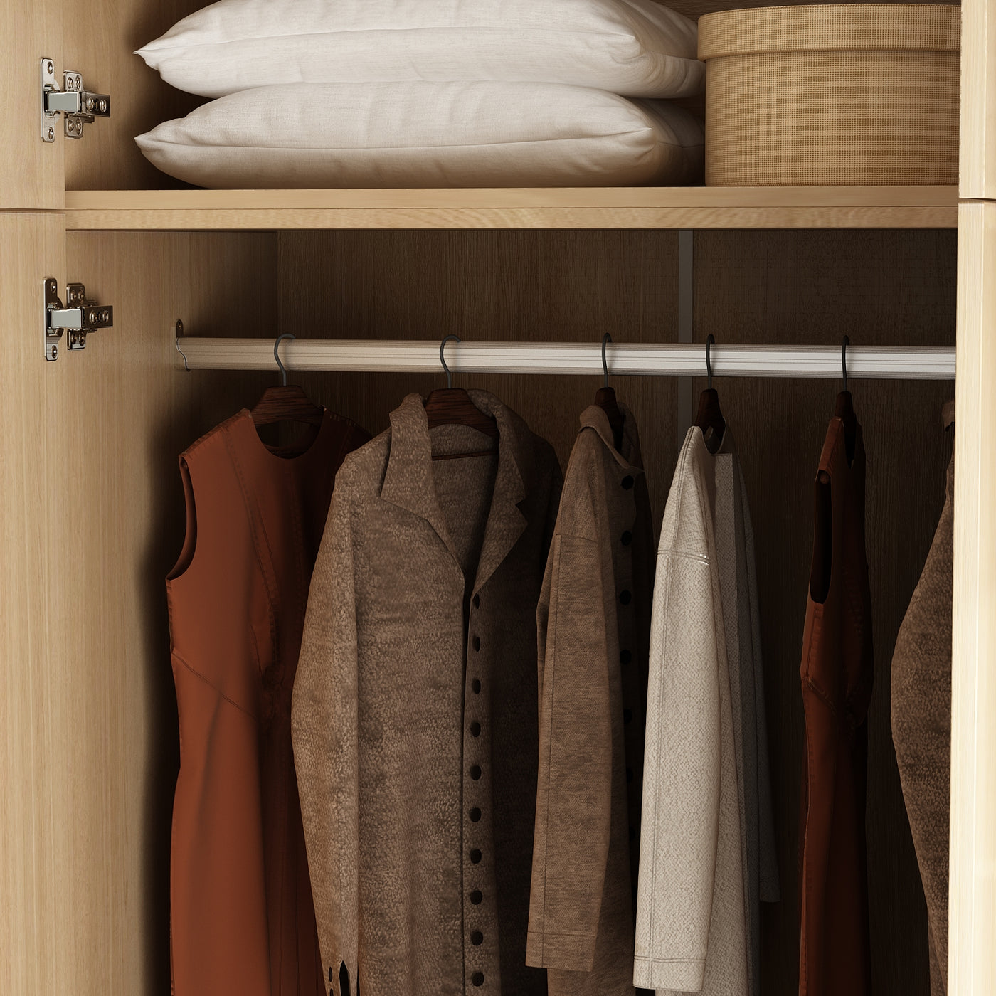 63" Beige Wood‑Grain 8‑Door Armoire Wardrobe with Top Cabinet, Hanging Rod and 2 Bottom Storage Drawers