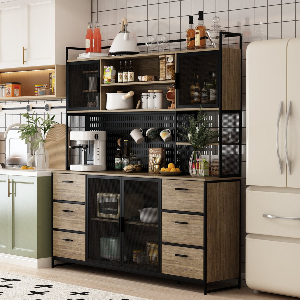 70.9" Industrial Brown Pantry Cabinets With Adjustable Shelves, Drawers