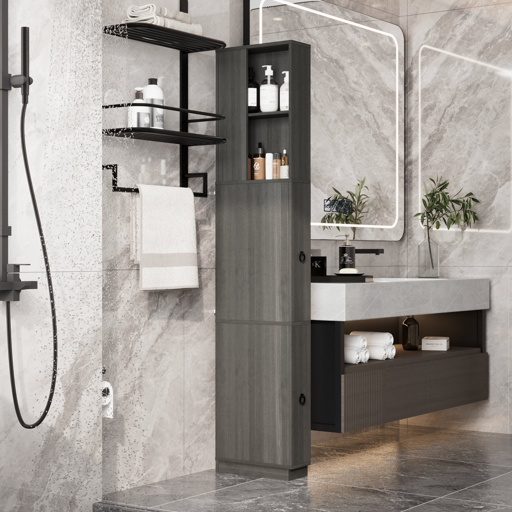 Narrow Bathroom Storage With Shelves And Drawers