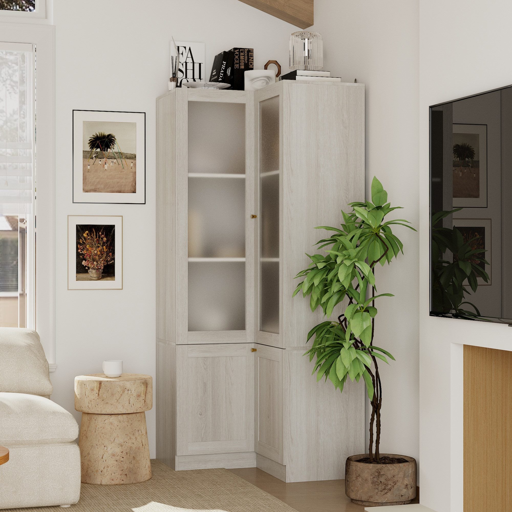 Elegant Corner China Cabinet With Shelves And Frosted Glass Doors – Space-Saving Display Solution