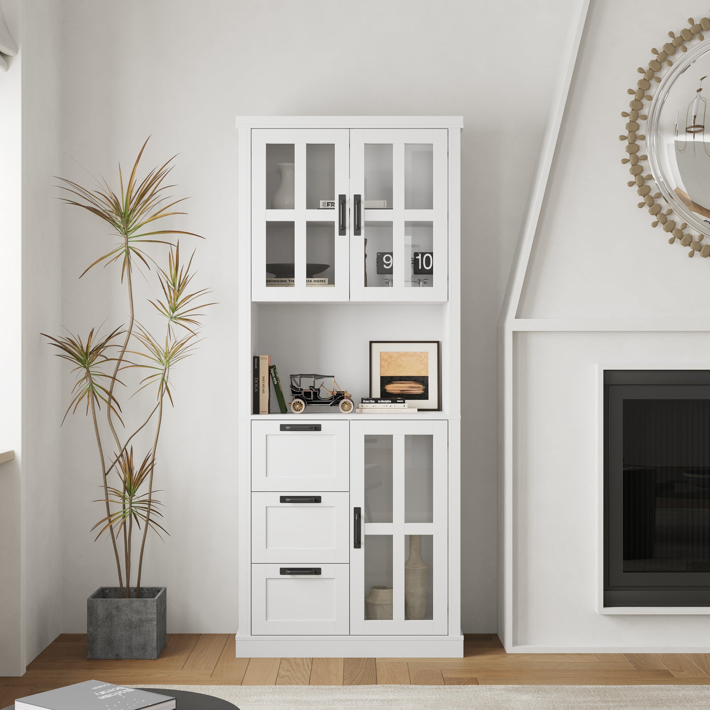 31.5" Contemporary White China Cabinet with Glass Doors & Drawers
