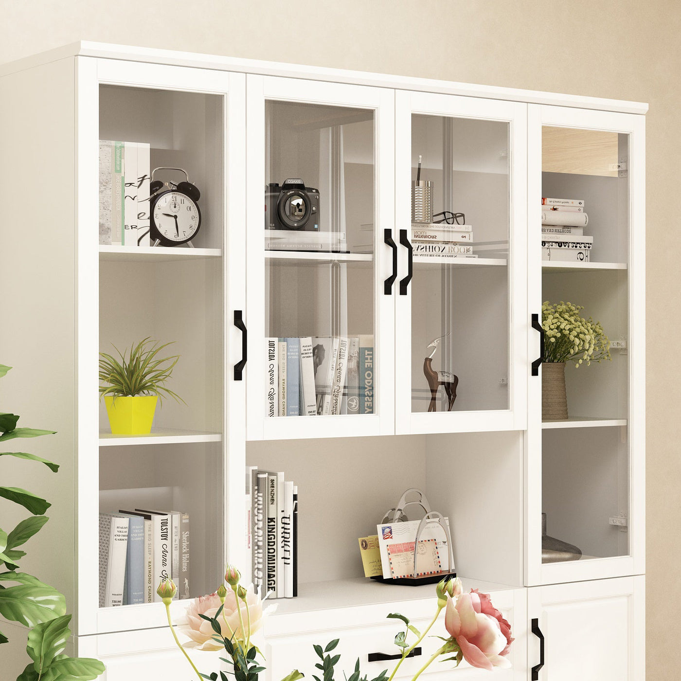 Vila 63" White Display Cabinet & Bookcase with Open Shelf and 3 Drawers