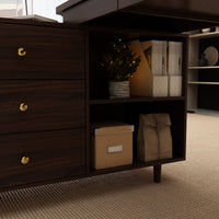 55.1" Mid-Century Modern Brown L-Shaped Home Office Computer Desk with 3 Drawers and Wood Legs