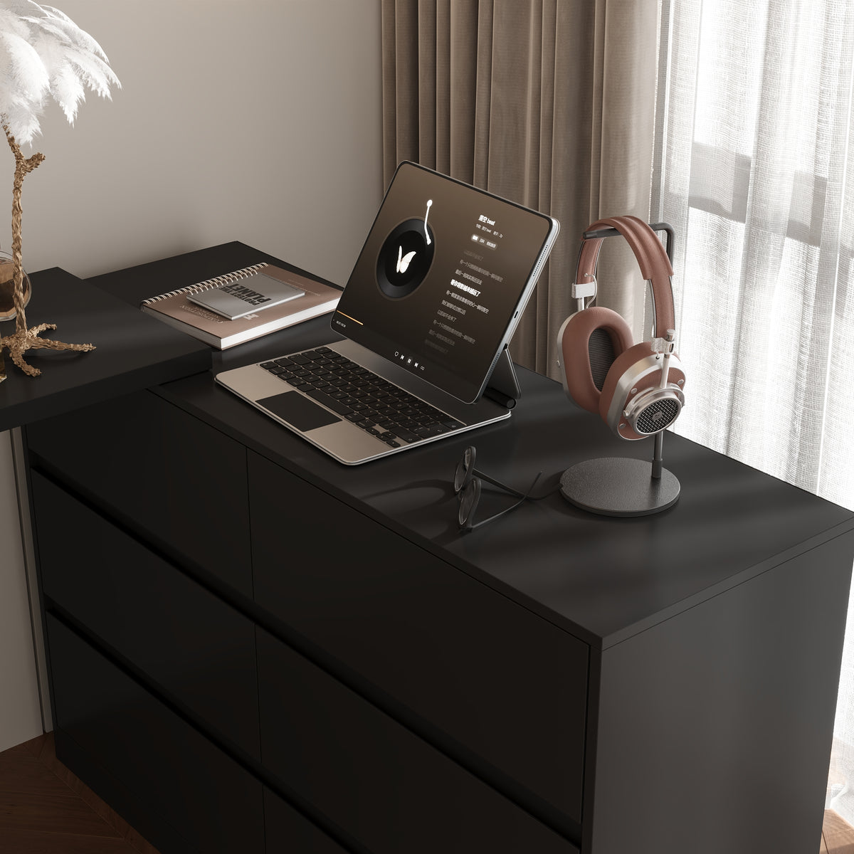 51.2" Modern Minimalist White/Black L-Shaped Rotatable Dresser Writing Table with 6 Drawers