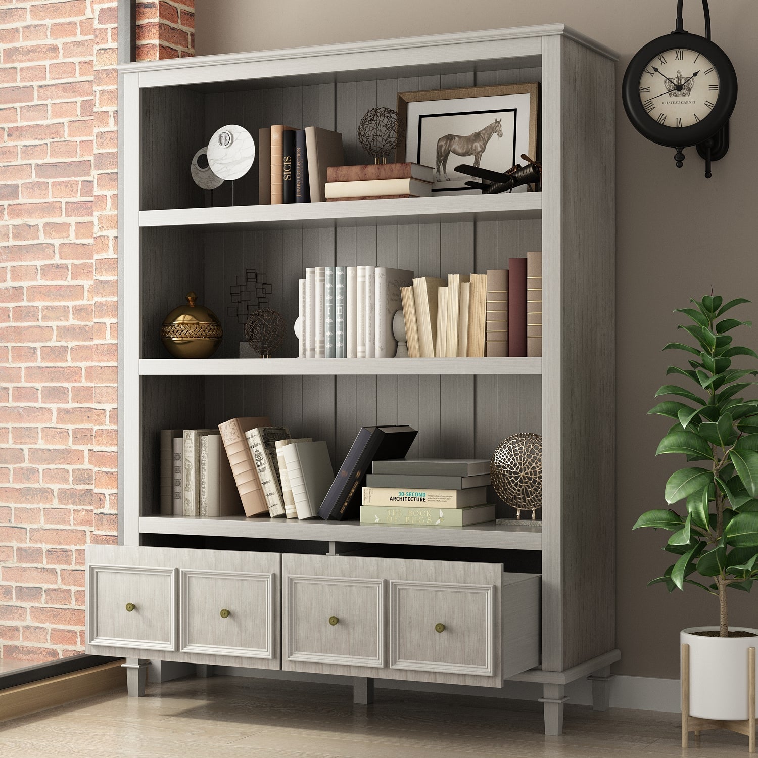 Bookshelf Cabinet Large Grey Sideboard with 3-Tier Open Shelf & 2 Drawers