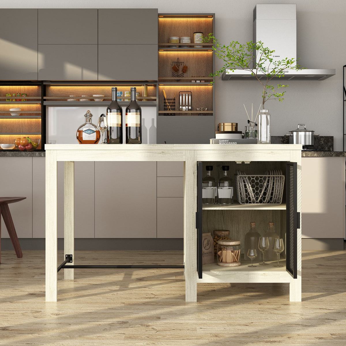63" Industrial Natural Kitchen Island With Black Glass Door Storage Cabinets