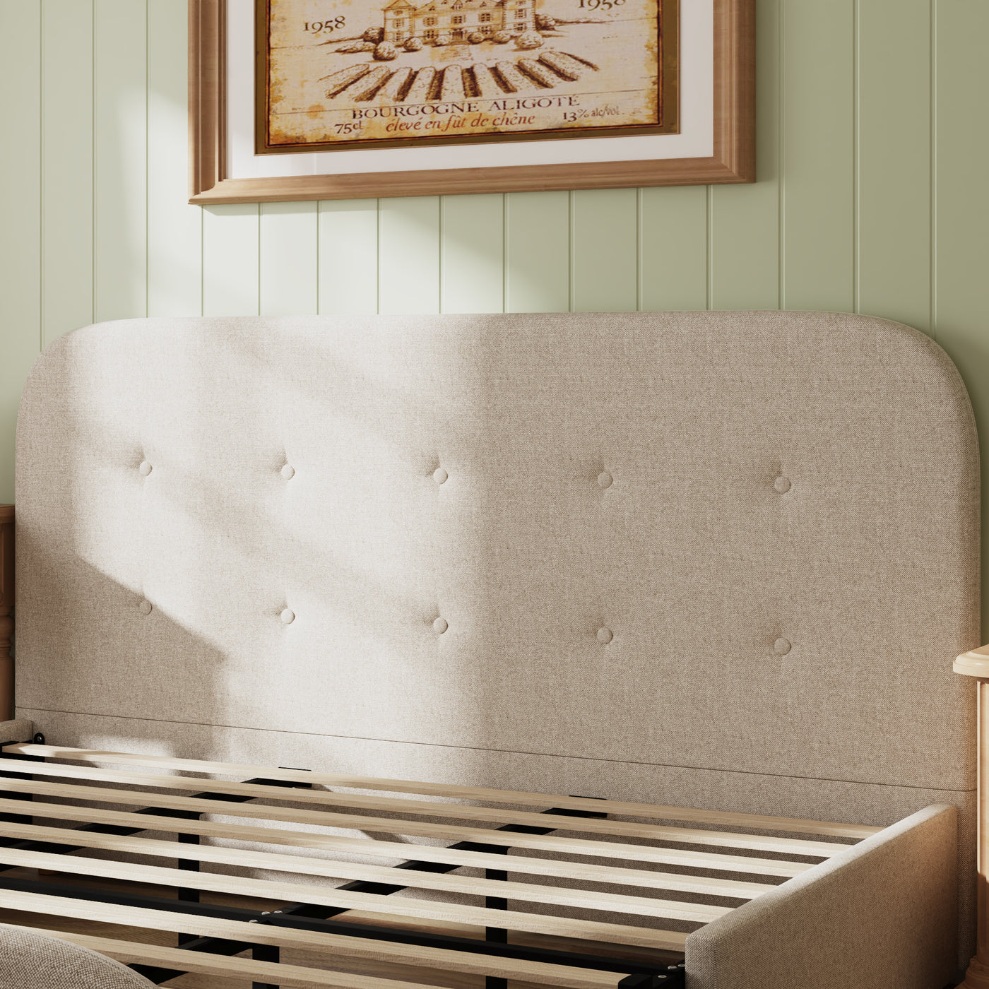 King Size Beige Upholstered Bed with Storage Drawers & Linen Headboard