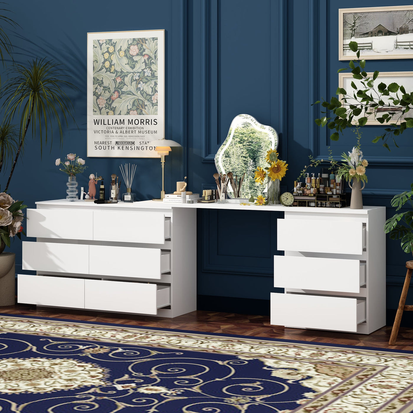 102.4" Modern White Convertible Vanity Table Makeup Vanity With 9 Drawers