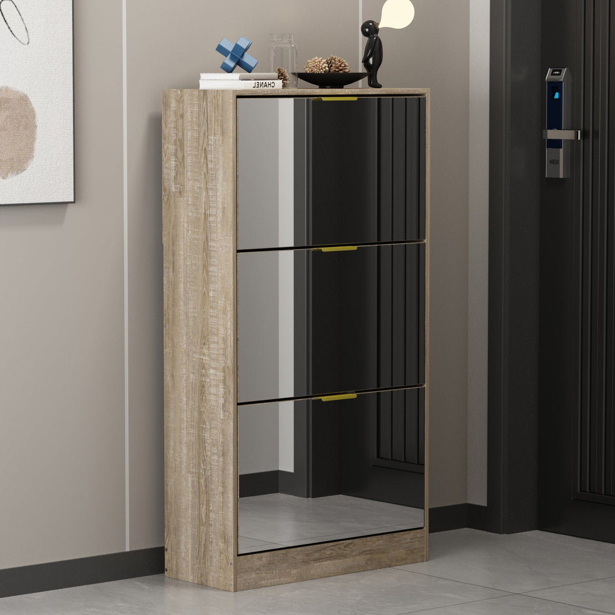 Entryway Shoe Storage Cabinet with 3 Flip Drawers Wood Shoe Cabinet Shoe Organizer with Mirrored Front