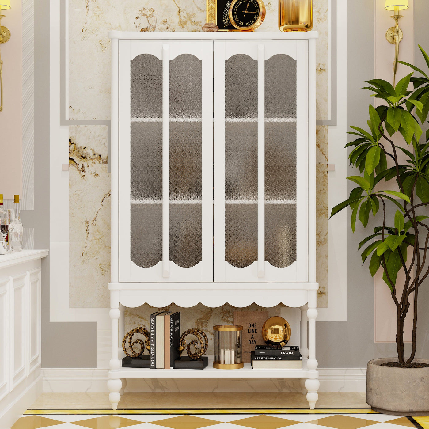 62.2" Traditional White China Cabinet Display Case With Glass Doors and Roman Column