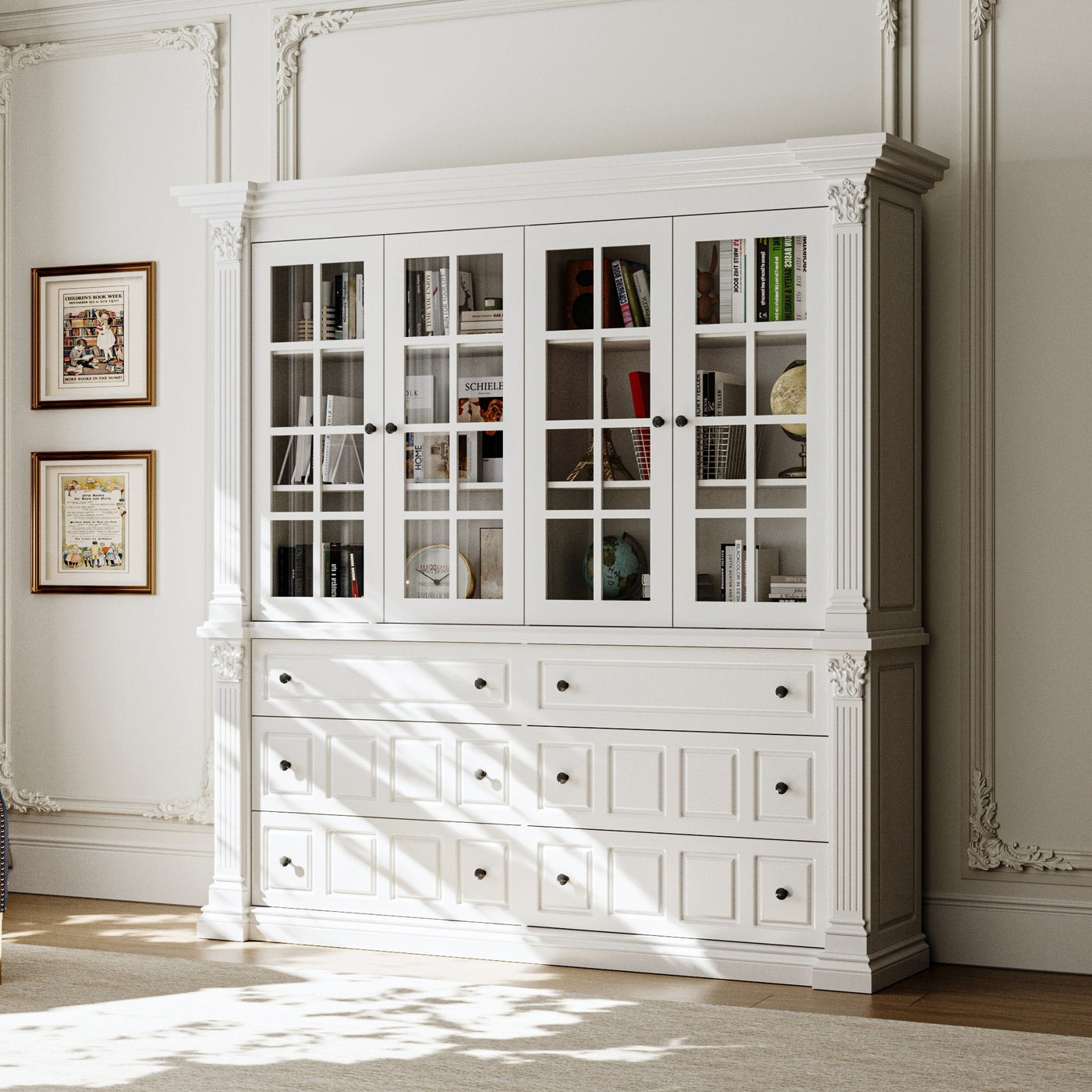 63" Modern White Tall Bookcase with 6 Drawers & 4 Tempered Glass Doors