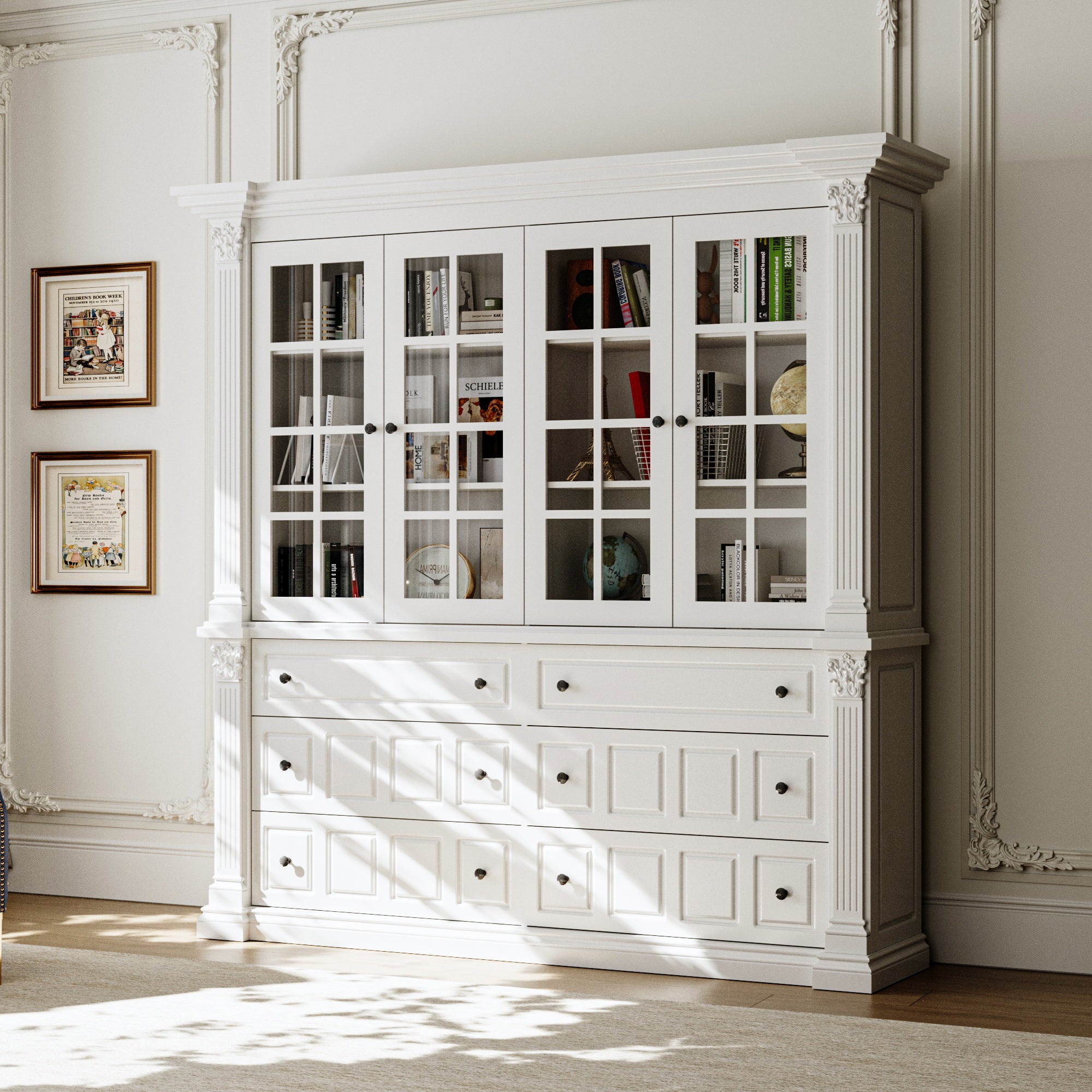 75'' 6-Drawer Symmetric Bookcase With Glass Doors