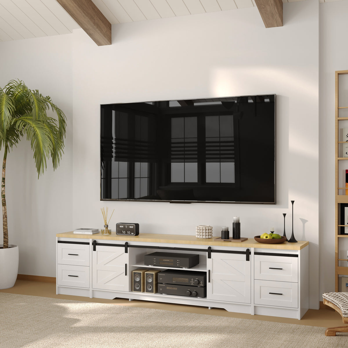 94.5" Modern White Extra Long Barn Door TV Stand with 4 Drawers, Sliding Doors and Adjustable Shelves