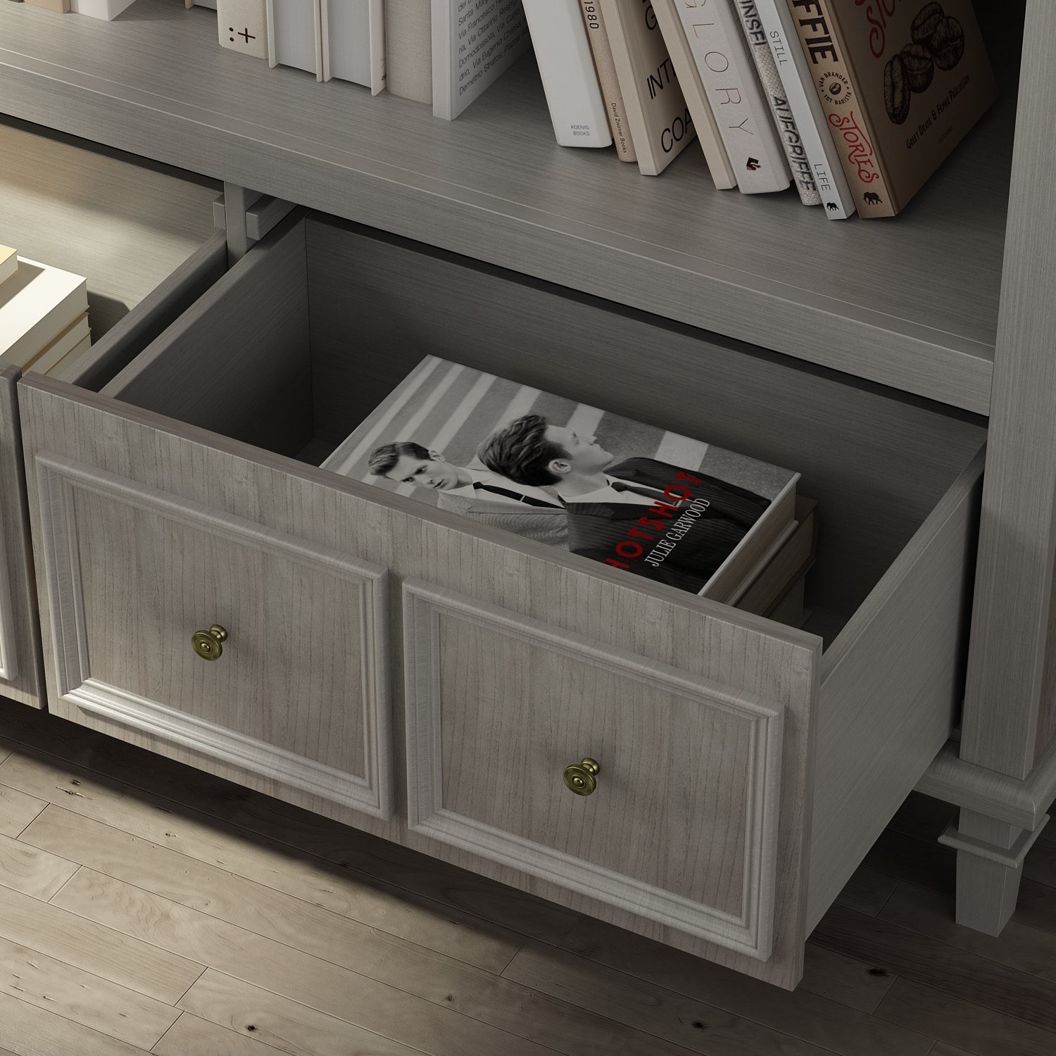 Bookshelf Cabinet Large Grey Sideboard with 3-Tier Open Shelf & 2 Drawers
