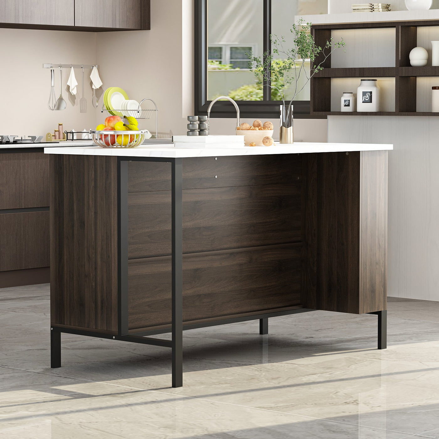 55.1" Modern Kitchen Island with 2 Drawers and Open Storage Shelves