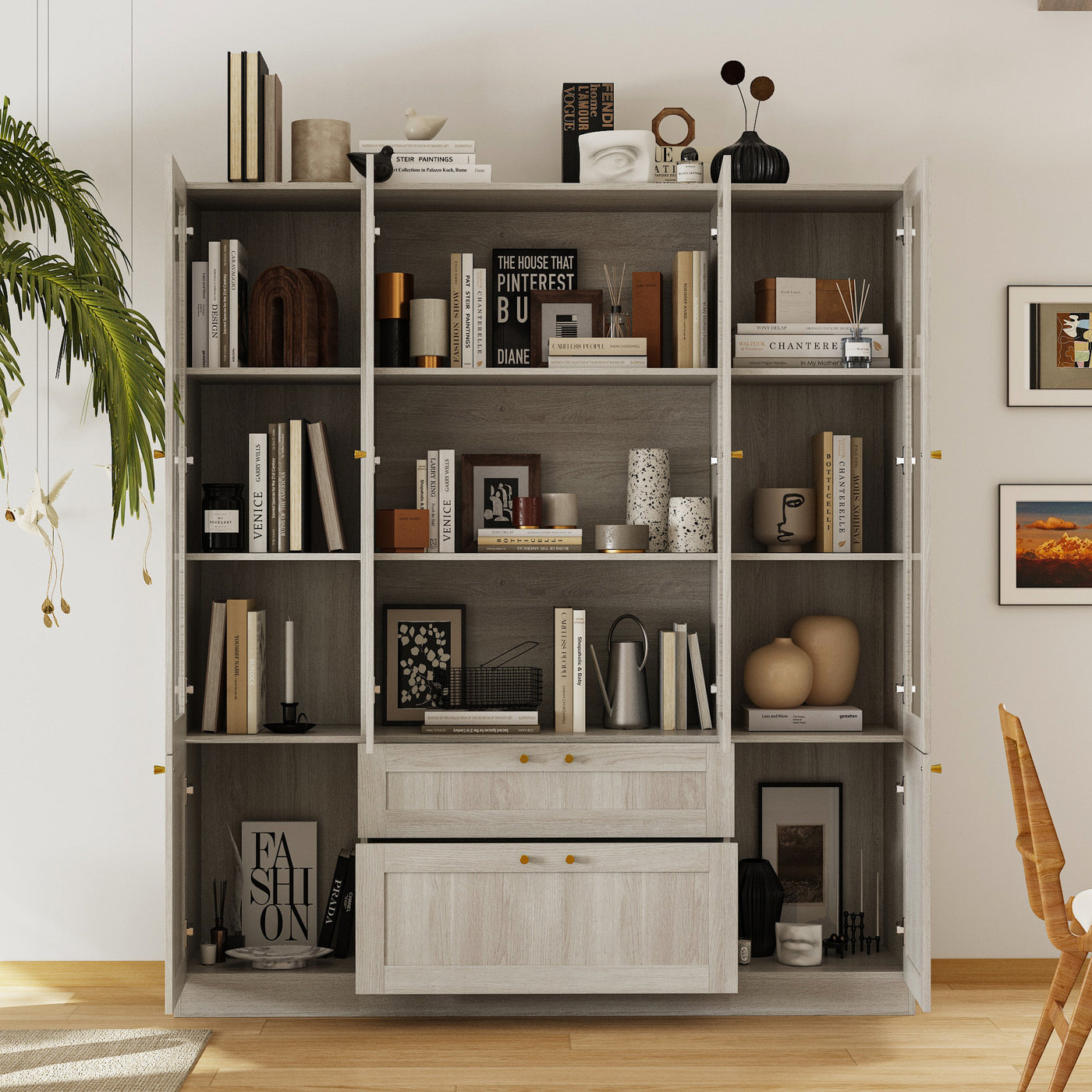 78.7" Modern Display Cabinet with Adjustable Shelves, Frosted Glass Doors and Drawers