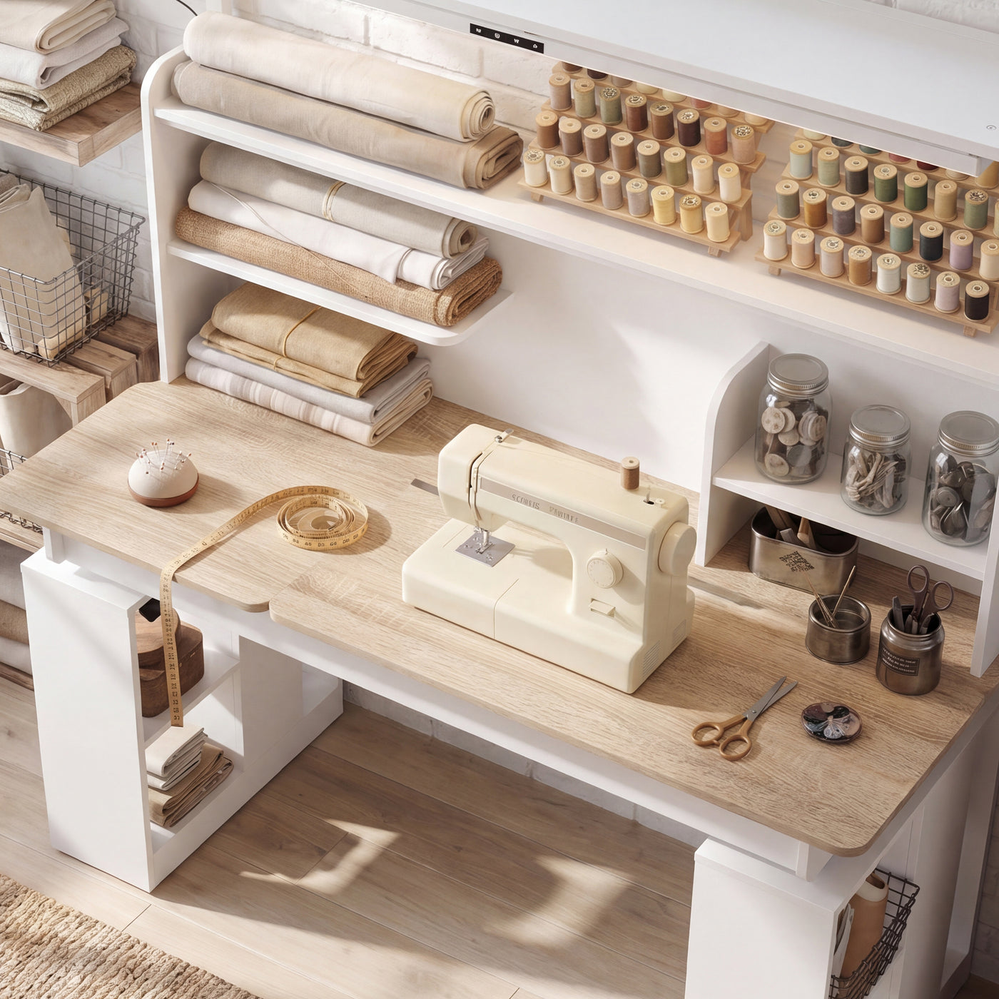 55.1" White Wood Electric Height Adjustable Sewing Table with LED Light and Storage Hutch