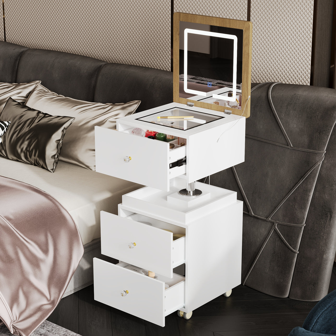 23.6" 360° Rotating White Makeup Vanity with Flip-Top LED Mirror & Adjustable Height