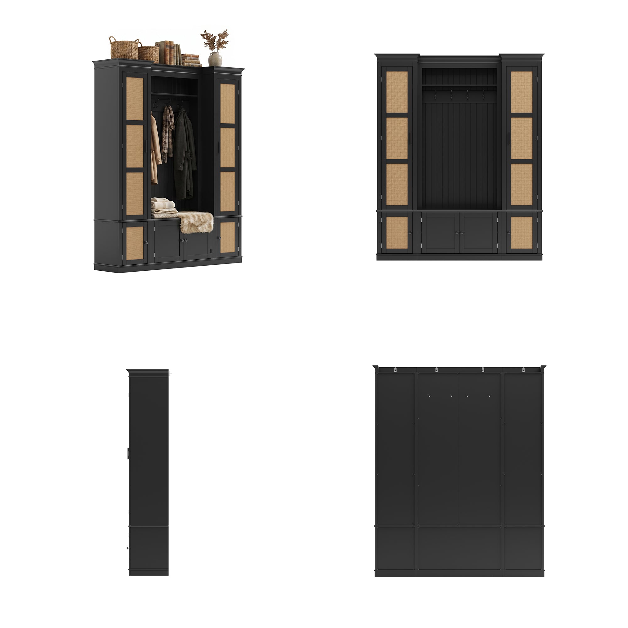 63.2 inches Black Farmhouse 4‑In‑1 Hall Tree Entryway Organizer with Coat Rack, Shoe Storage Bench & Rattan Side Cabinets