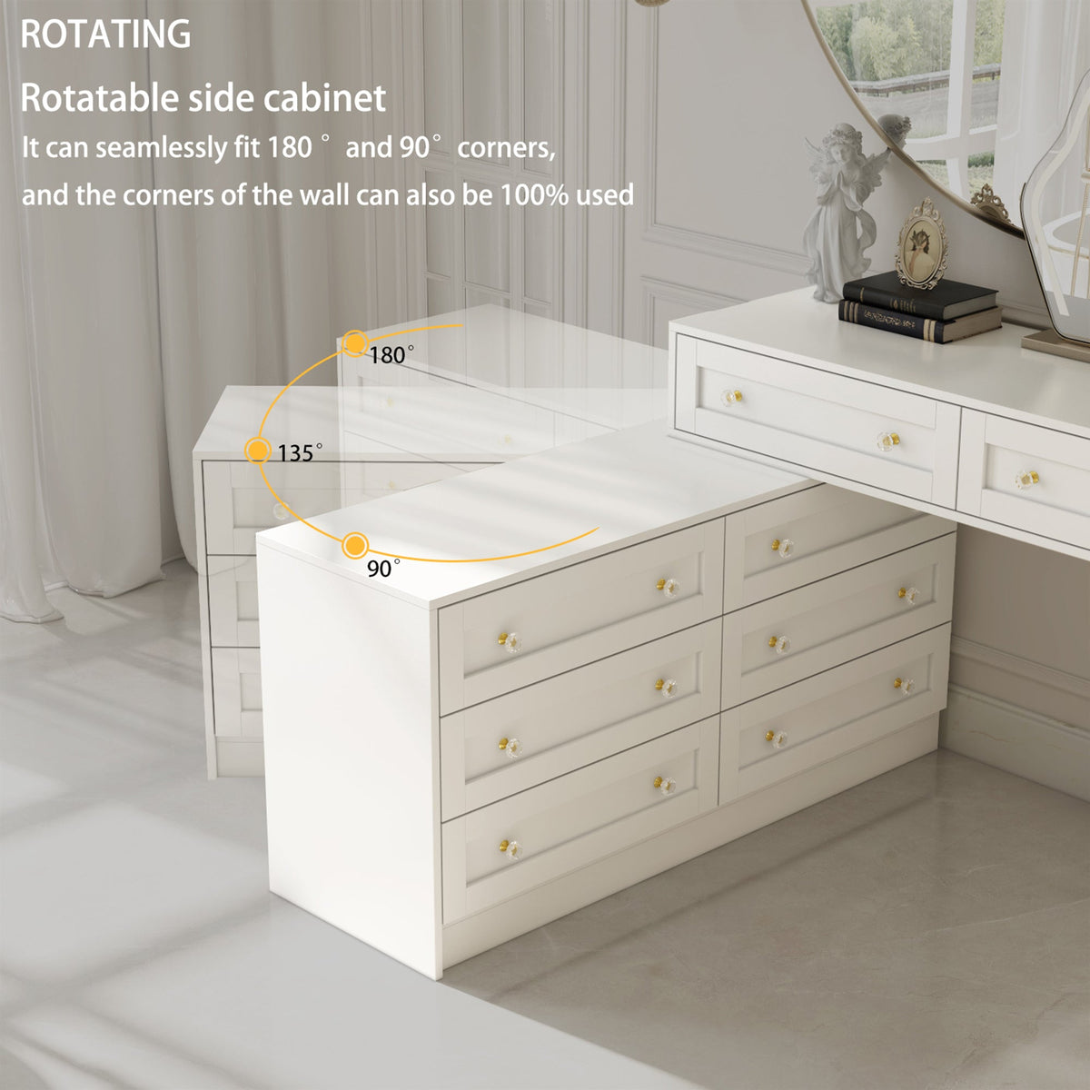 95" Modern Glam White Dresser and Vanity With Lights And Versatile Storage