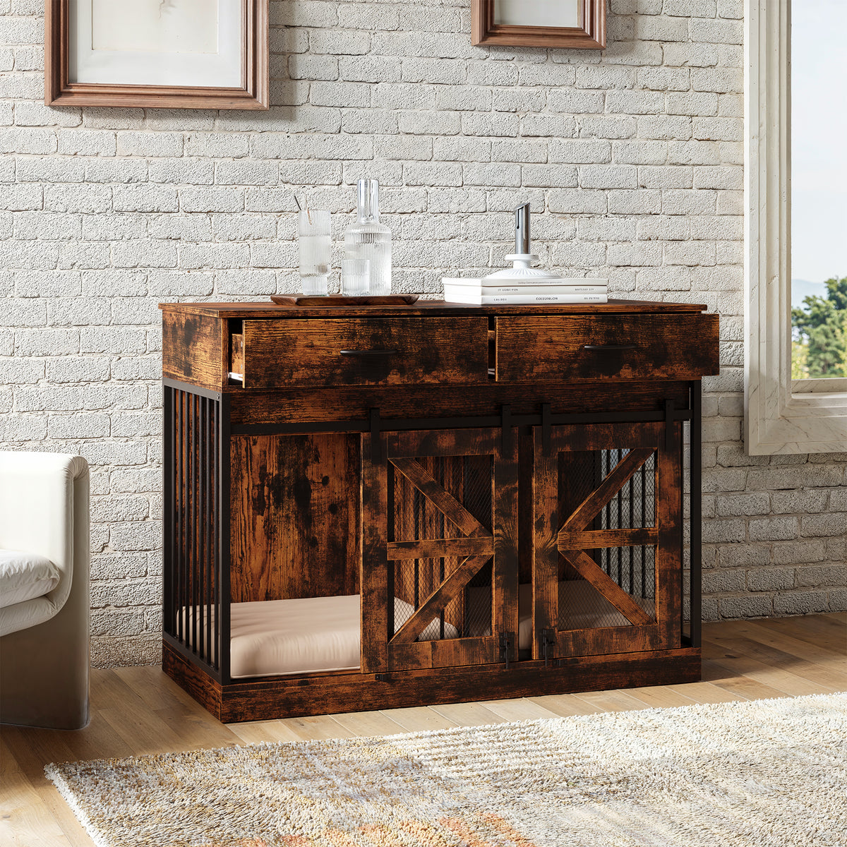 47.2" Heavy-Duty Brown Dog Crate with Barn Doors and Steel Frame