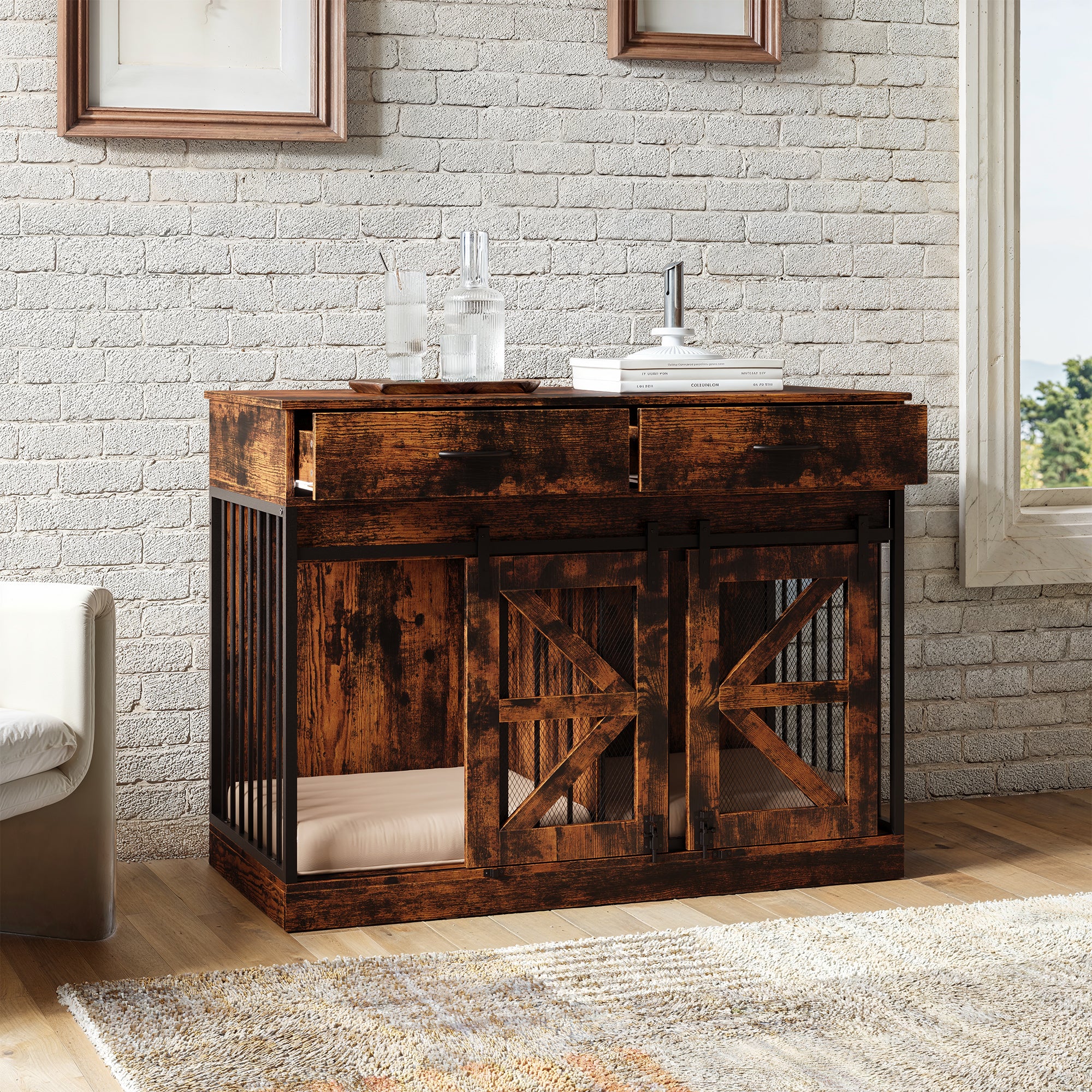 Small Dog Crate With Barn Doors, Steel Frame, Double Rooms