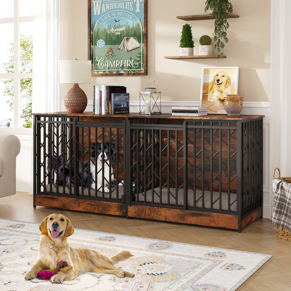 78.7" Chew-Proof Brown Dog Crate with Barn Doors and Double Separate Rooms