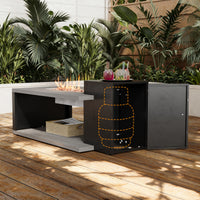 Outdoor fire pit table with drinks on a wooden deck surrounded by plants