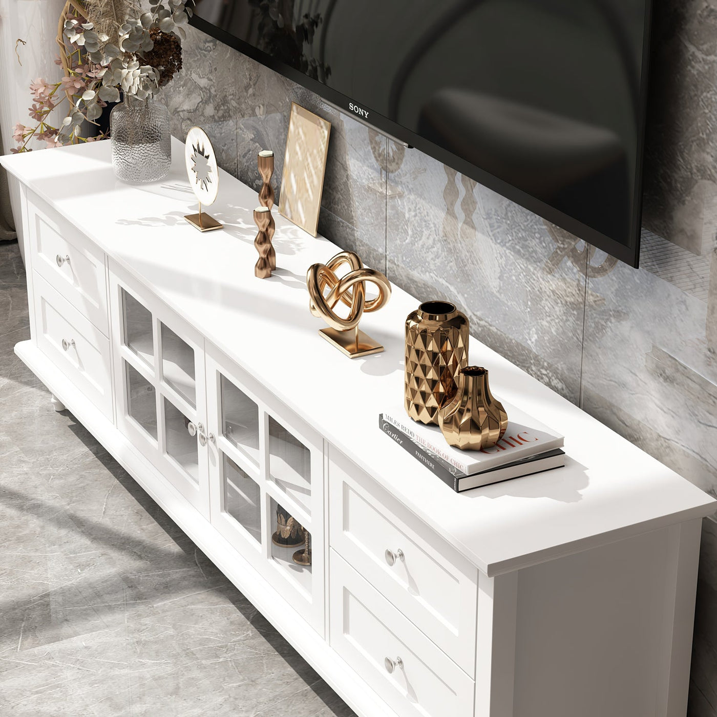 70.9" Modern Minimalist White TV Stand with Cabinets And Drawers