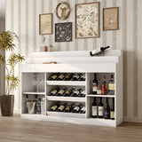 56.3 inches Modern White Wine Bar Cabinet With Light, Home Coffee Cabinet With Wine Shelf And Glass Top