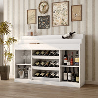 56.3" Modern White Wine Bar Cabinet With Light, Home Coffee Cabinet With Wine Shelf And Glass Top