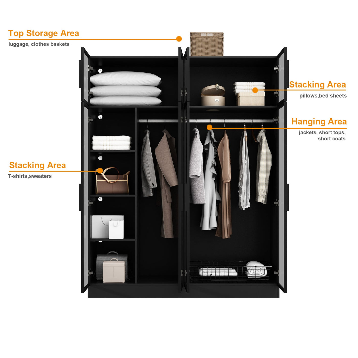 Modern wardrobe with clothes and shelves in a well-lit room