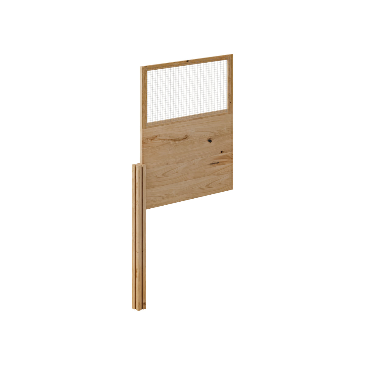 Wooden office screen with mesh panel on a white background